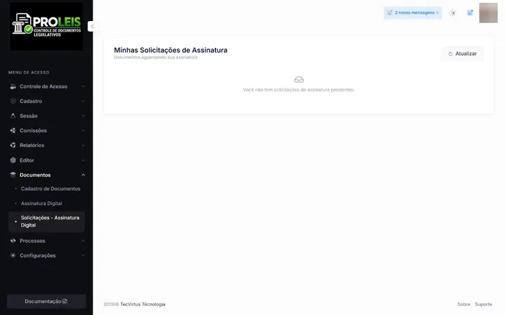 Caixa de solicitações com documentos aguardando assinatura do usuário