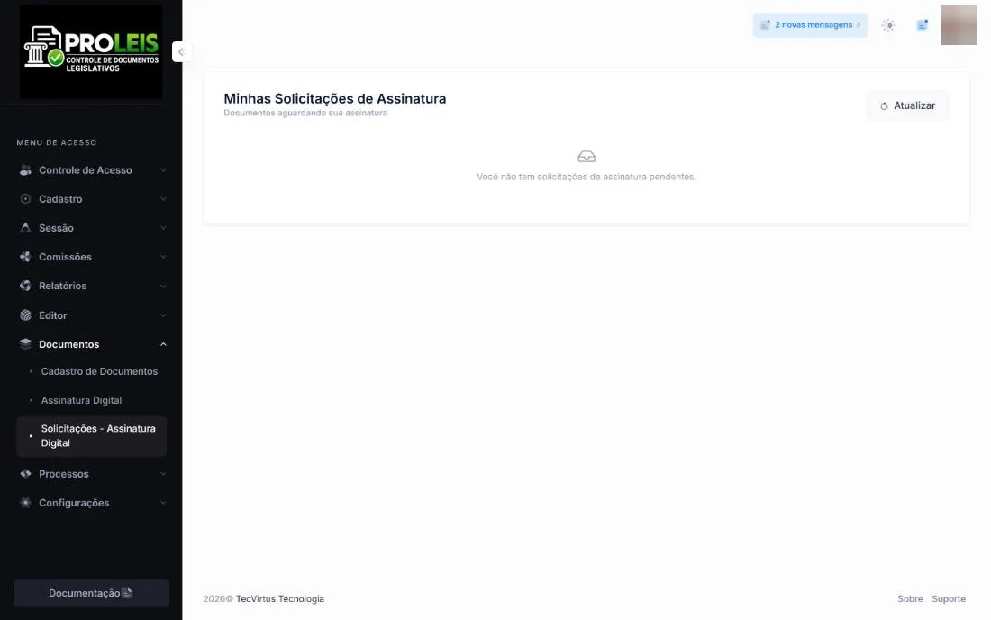 Caixa de solicitações de assinatura com documentos aguardando a assinatura do usuário