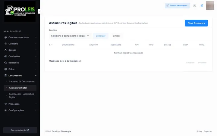 Auditoria de assinaturas eletrônicas e ICP-Brasil com signatário, tipo e status