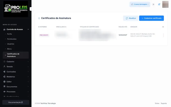 Cofre de certificados ICP-Brasil com titular e validade de cada certificado