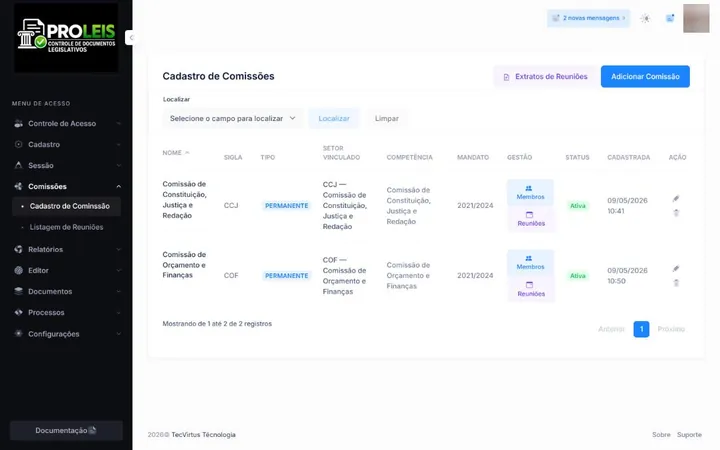 Lista de comissões permanentes e temporárias com membros e reuniões