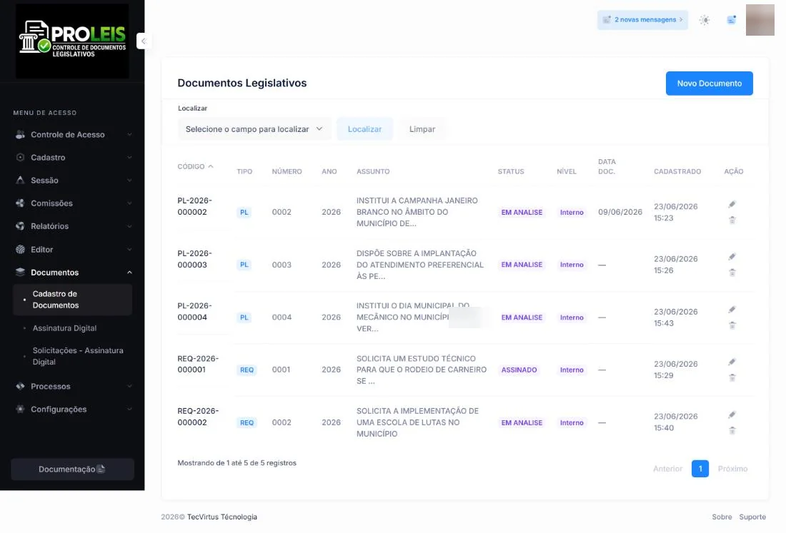 Tela de documentos legislativos do Proleis, com código, tipo, situação e nível de acesso de cada documento