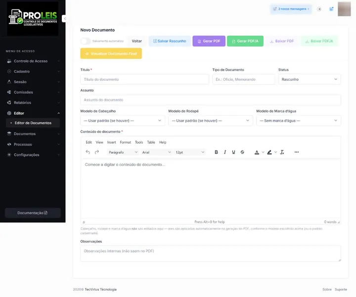 Editor visual de documentos com barra de formatação e modelo de cabeçalho