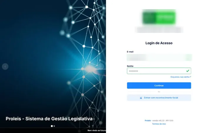 Tela de login do Proleis, com campos de e-mail e senha e mural de notícias