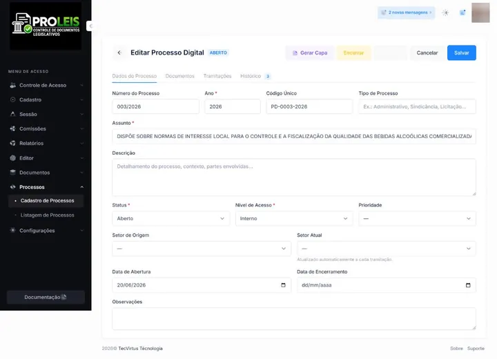 Edição do processo digital com documentos juntados, tramitações e histórico