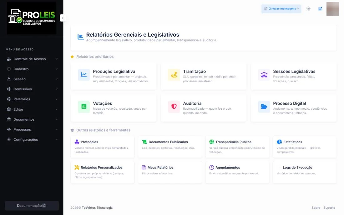Central de relatórios do Proleis, com relatórios gerenciais e legislativos, agendamentos e construtor personalizado